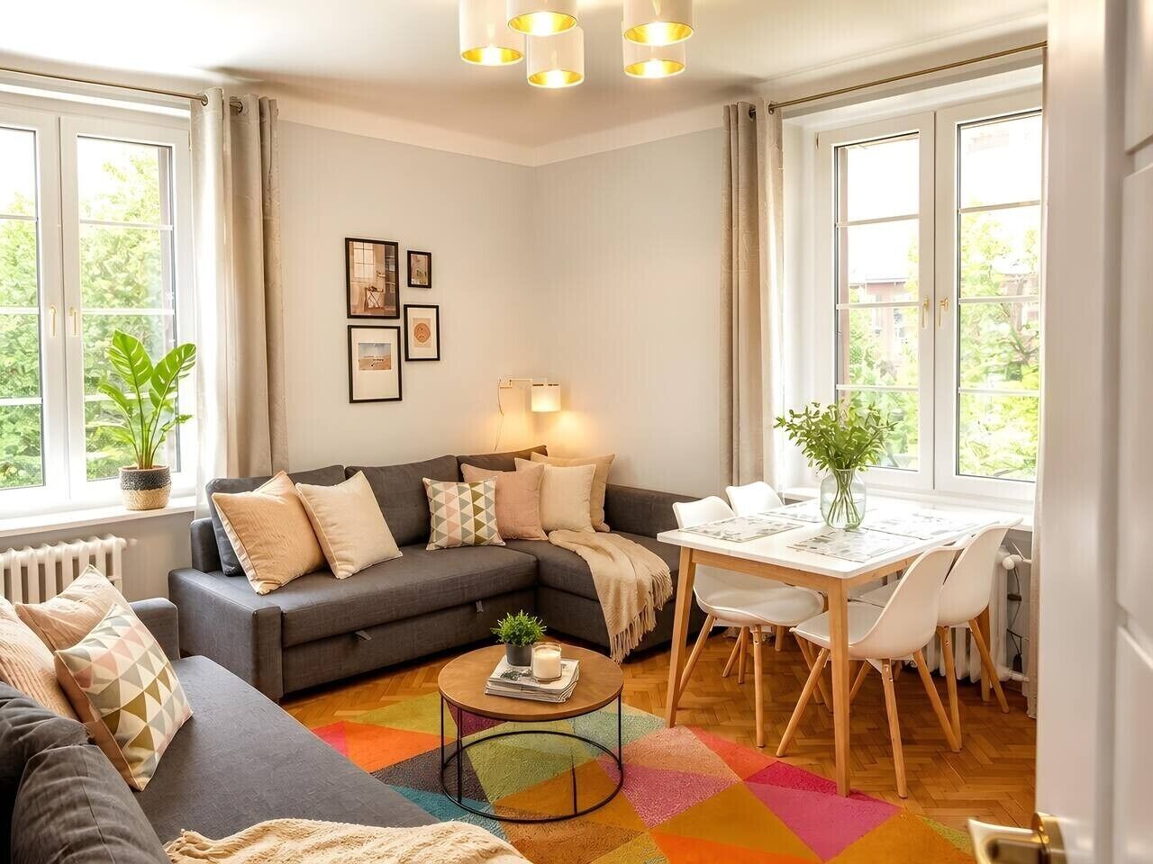 En stue med sofa, sofabord og spisebord.