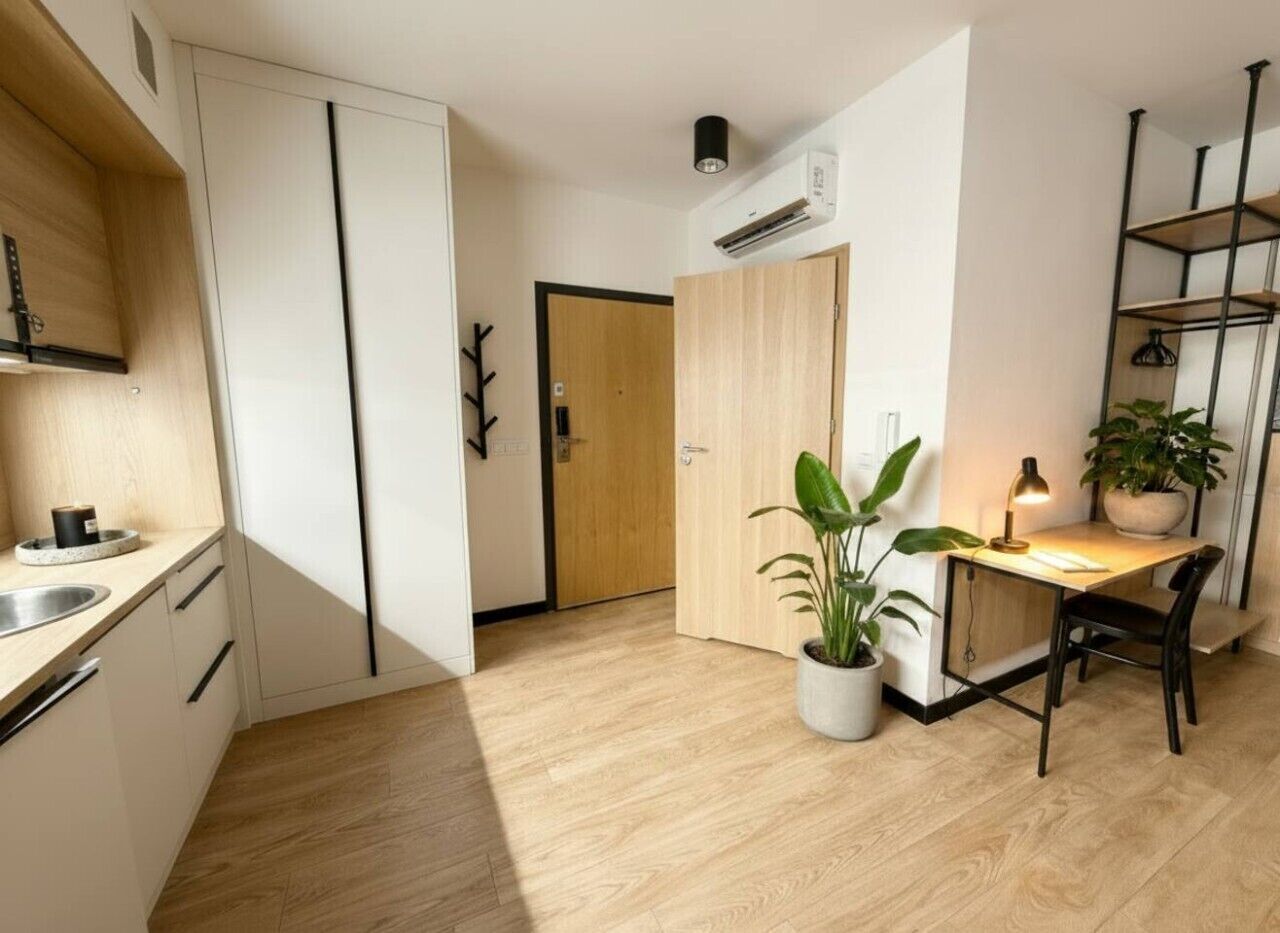 A modern kitchen with a built-in stove, a dining area with a table and chairs, and a potted plant.