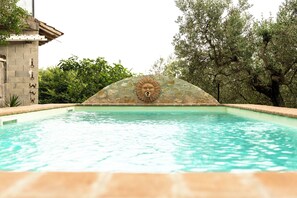 Une piscine avec un mur en pierre et une sculpture représentant une tête de lion.