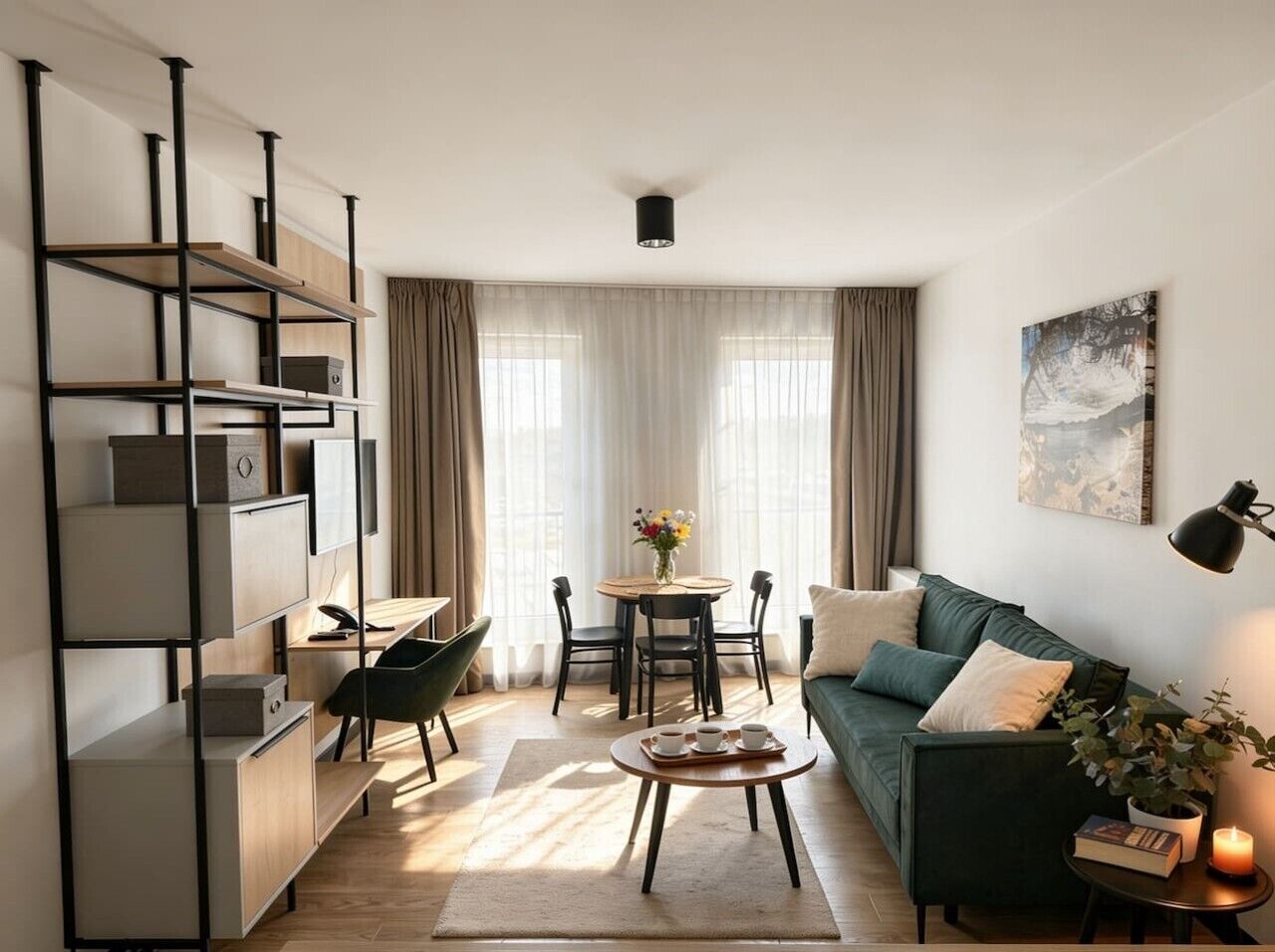 Uma sala de estar moderna com sofá, mesa de centro e área de jantar com cadeiras e mesa.