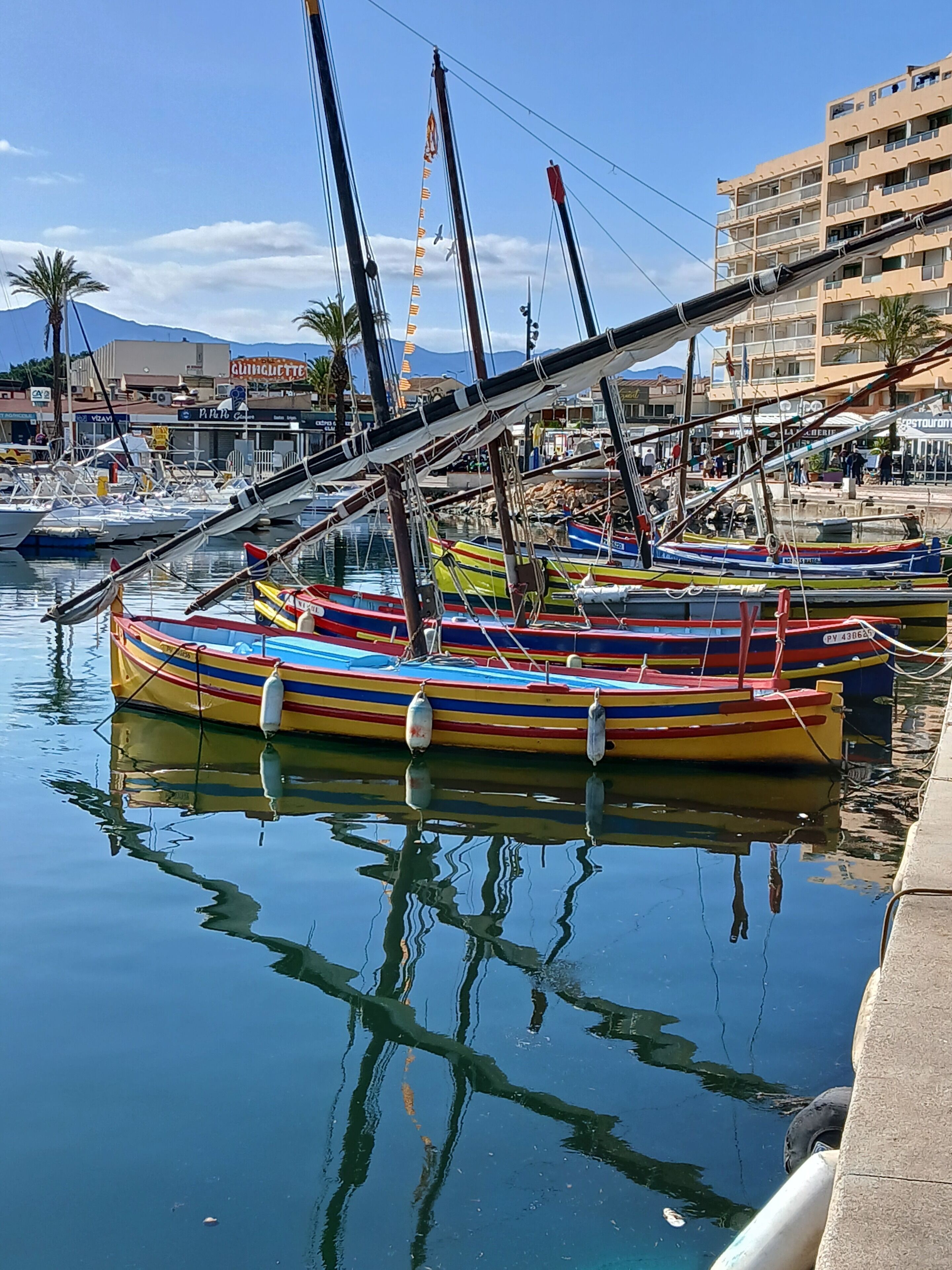 Un puerto deportivo con barcos de colores amarrados, cielo despejado y edificios al fondo.