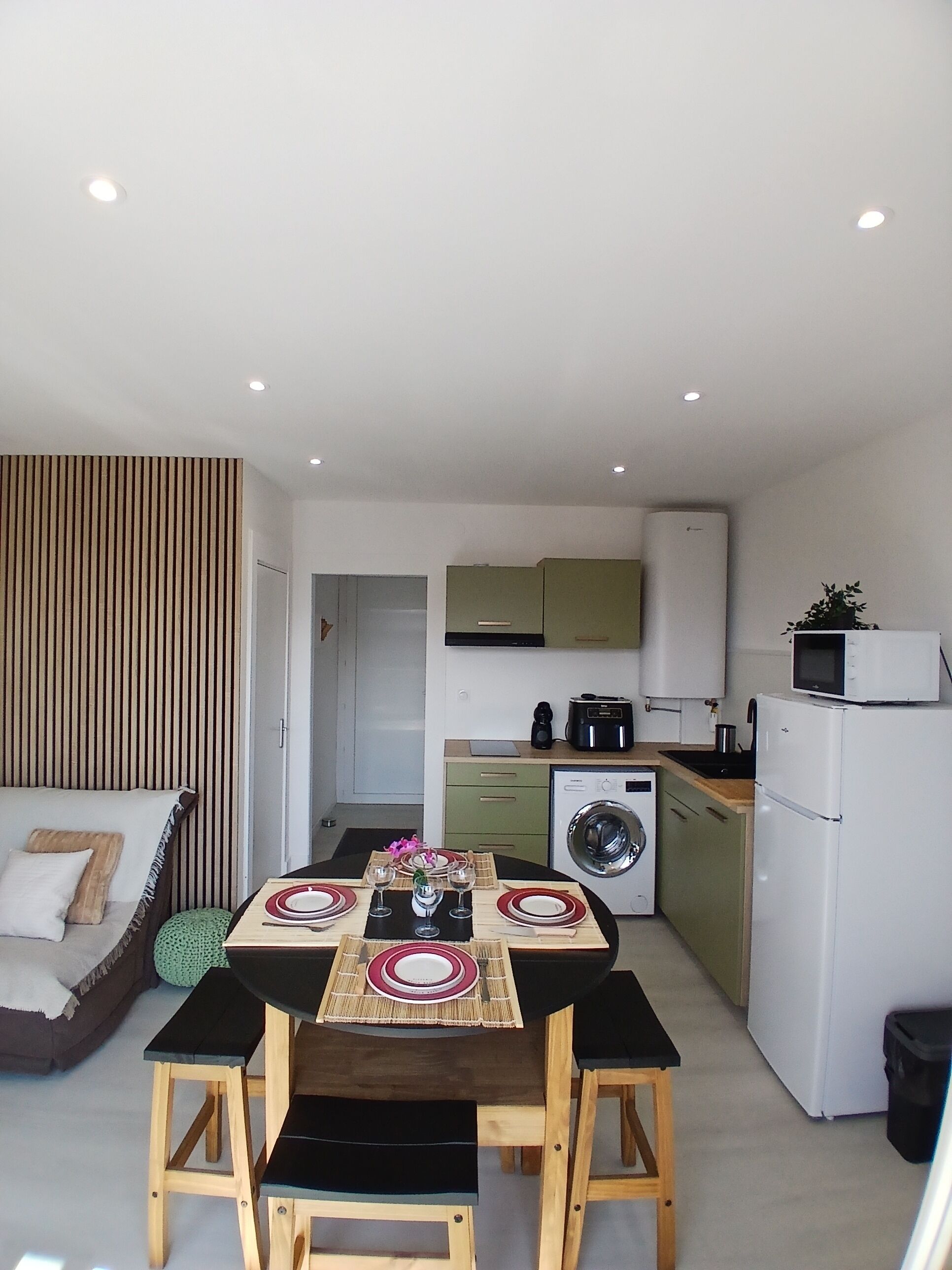 A compact living space with a dining area, kitchenette, and a sofa.
