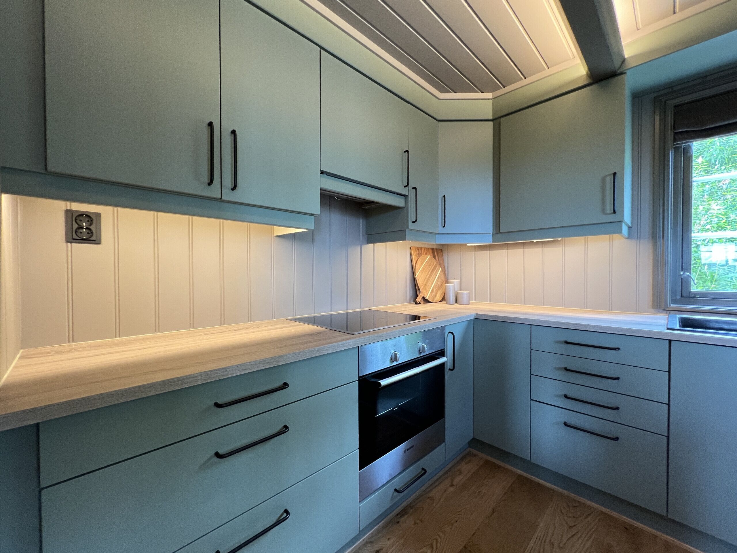 Een moderne keuken met lichtblauwe kastjes, een oven van roestvrij staal en een raam met uitzicht op groen.