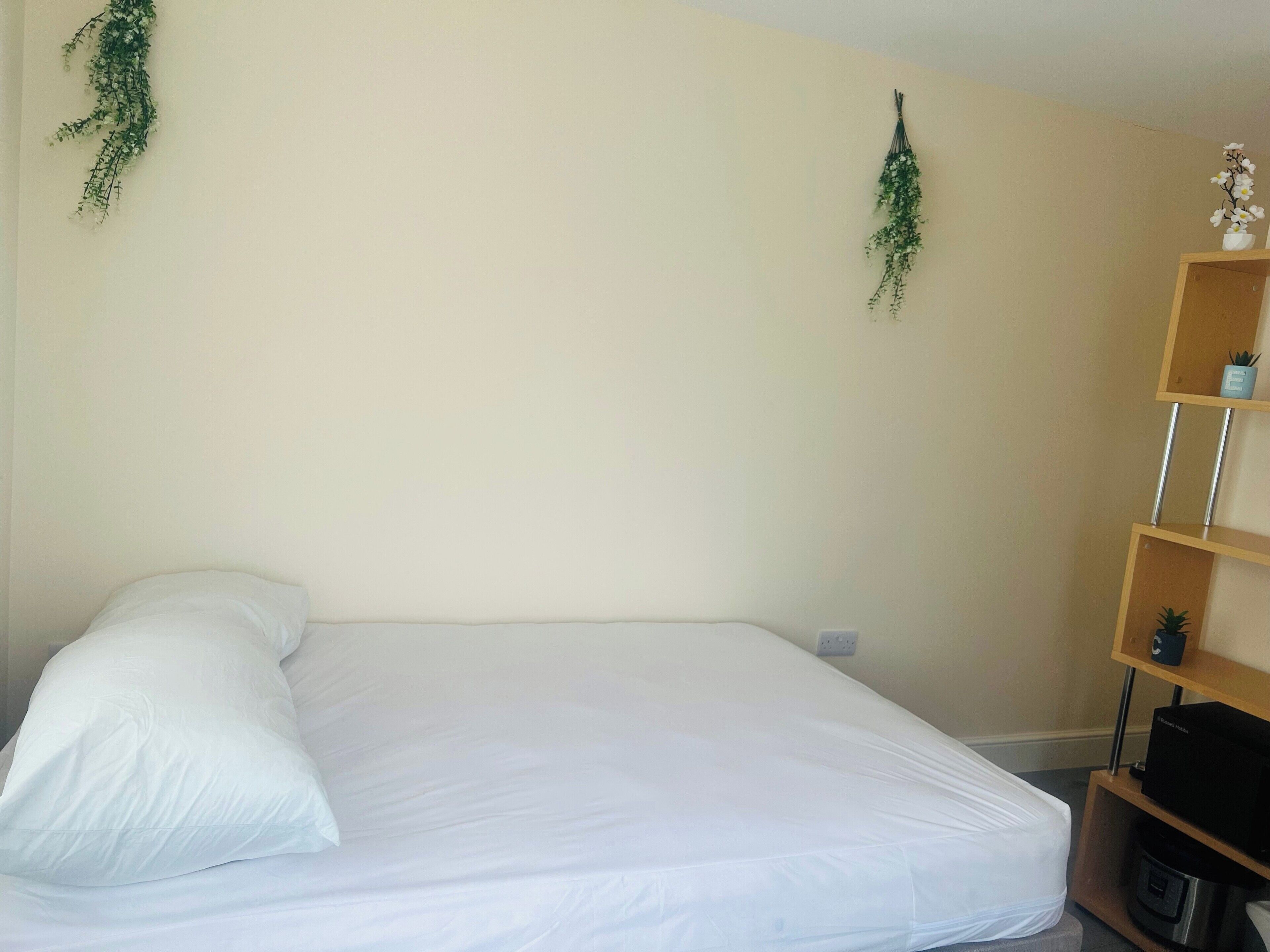 Un dormitorio con una cama, un estante de madera con una planta pequeña y una planta colgante en la pared.