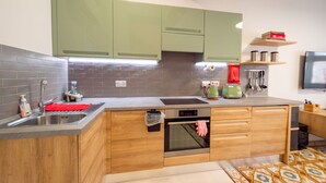 A modern kitchen with green cabinets, a stainless steel sink, and a built-in oven. - Stylish traditional house with sun terrace TELL1-1 (Birgu)
