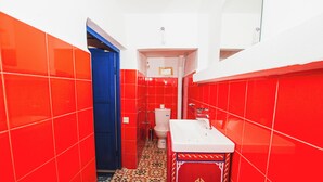 Casa de banho com azulejos vermelhos, porta azul, sanita branca e lavatório com armário estampado.