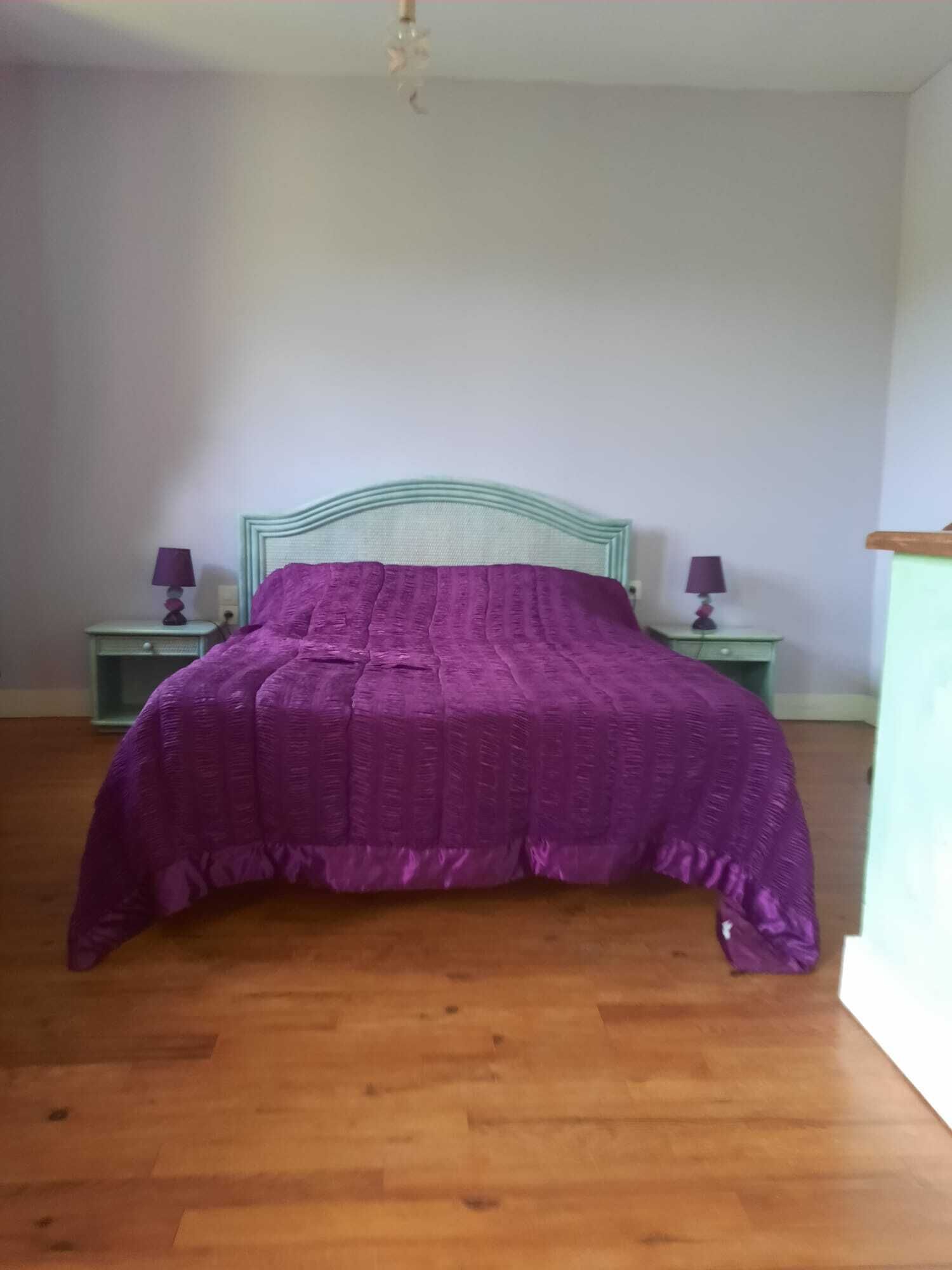 A bedroom with a bed, two nightstands, and a wooden floor.