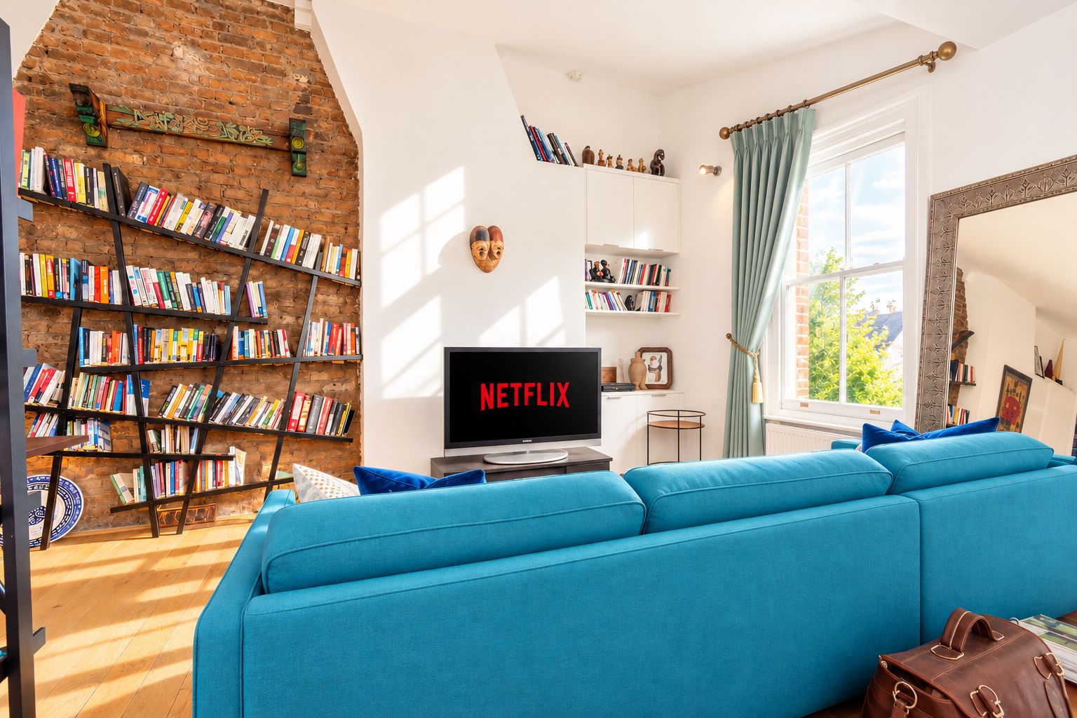 Ein Wohnzimmer mit blauem Sofa, einem Bücherregal, einem Fernseher, der 'NETFLIX' zeigt, und einer Ziegelwand.