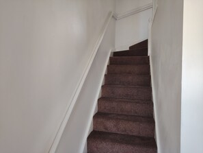 Eine Treppe mit dunklem Teppichbelag und weißen Wänden.