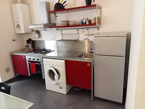 Eine kleine Küche mit Gaskochfeld, integriertem Waschmaschine, Kühlschrank und Spüle.
