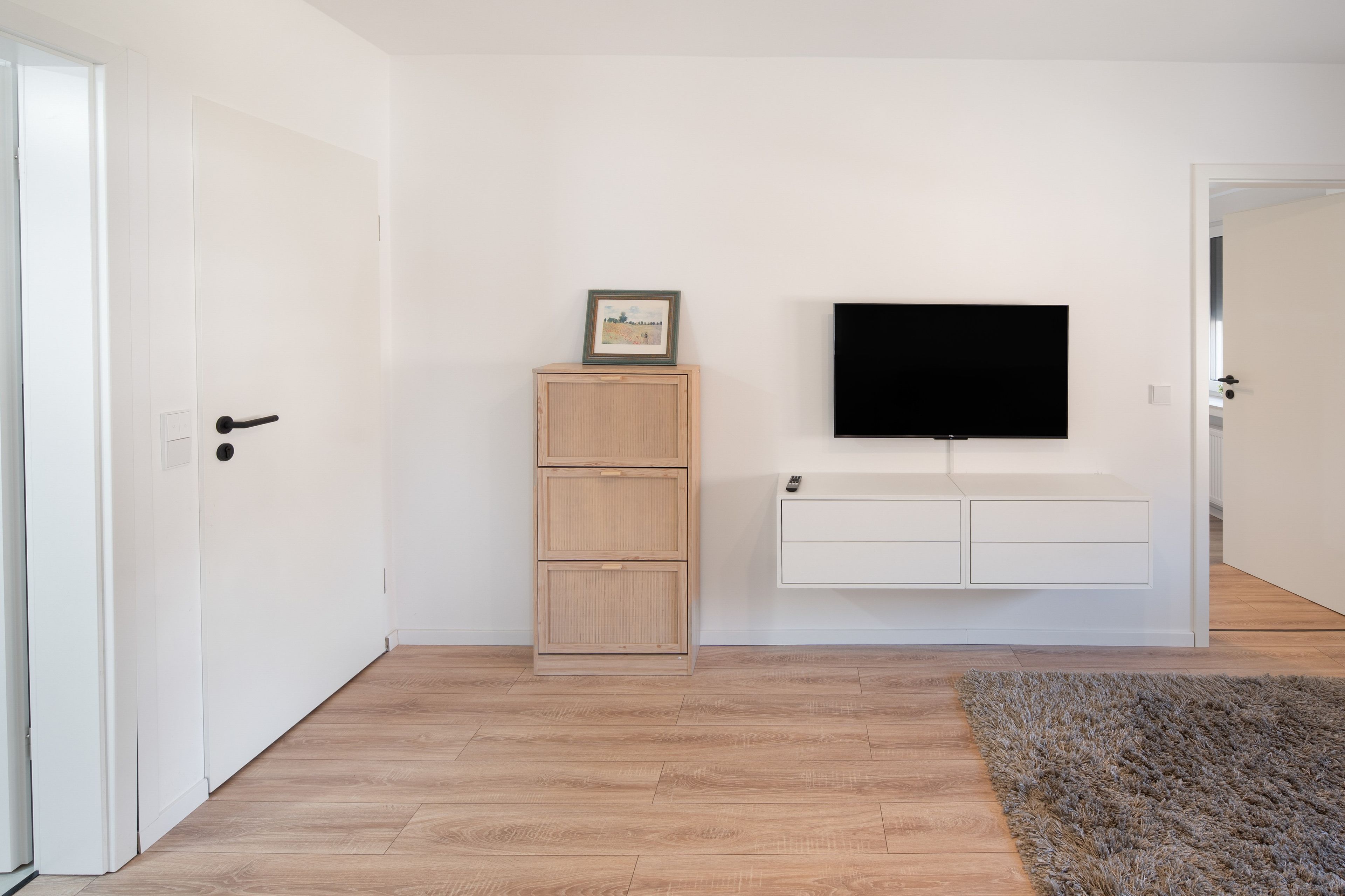 Une pièce avec un plancher en bois, une porte blanche, un meuble avec un tableau, et un téléviseur fixé au mur.