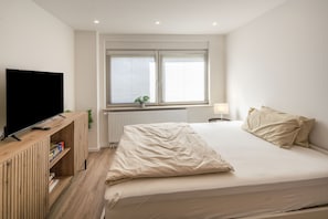 Une chambre à coucher avec un lit, un téléviseur posé sur un meuble en bois, un radiateur et une fenêtre avec des stores.