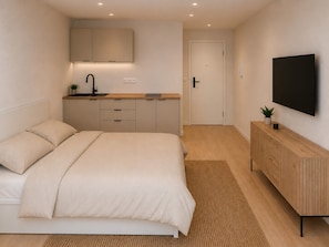 Une chambre comprenant un lit, une table de chevet, un téléviseur, une armoire et un coin cuisine avec un évier et des placards.