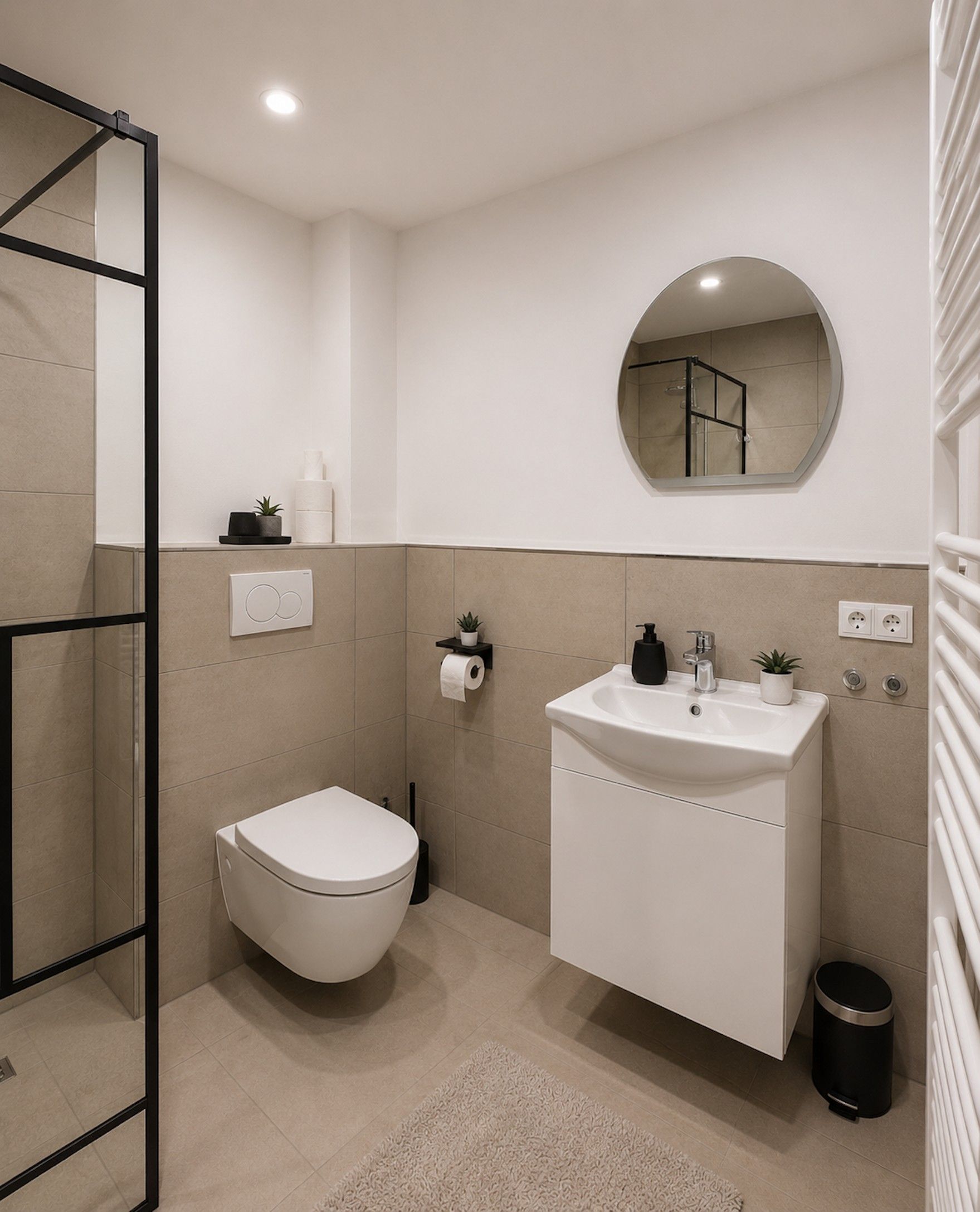 Une salle de bain moderne avec des toilettes, un lavabo et un miroir.