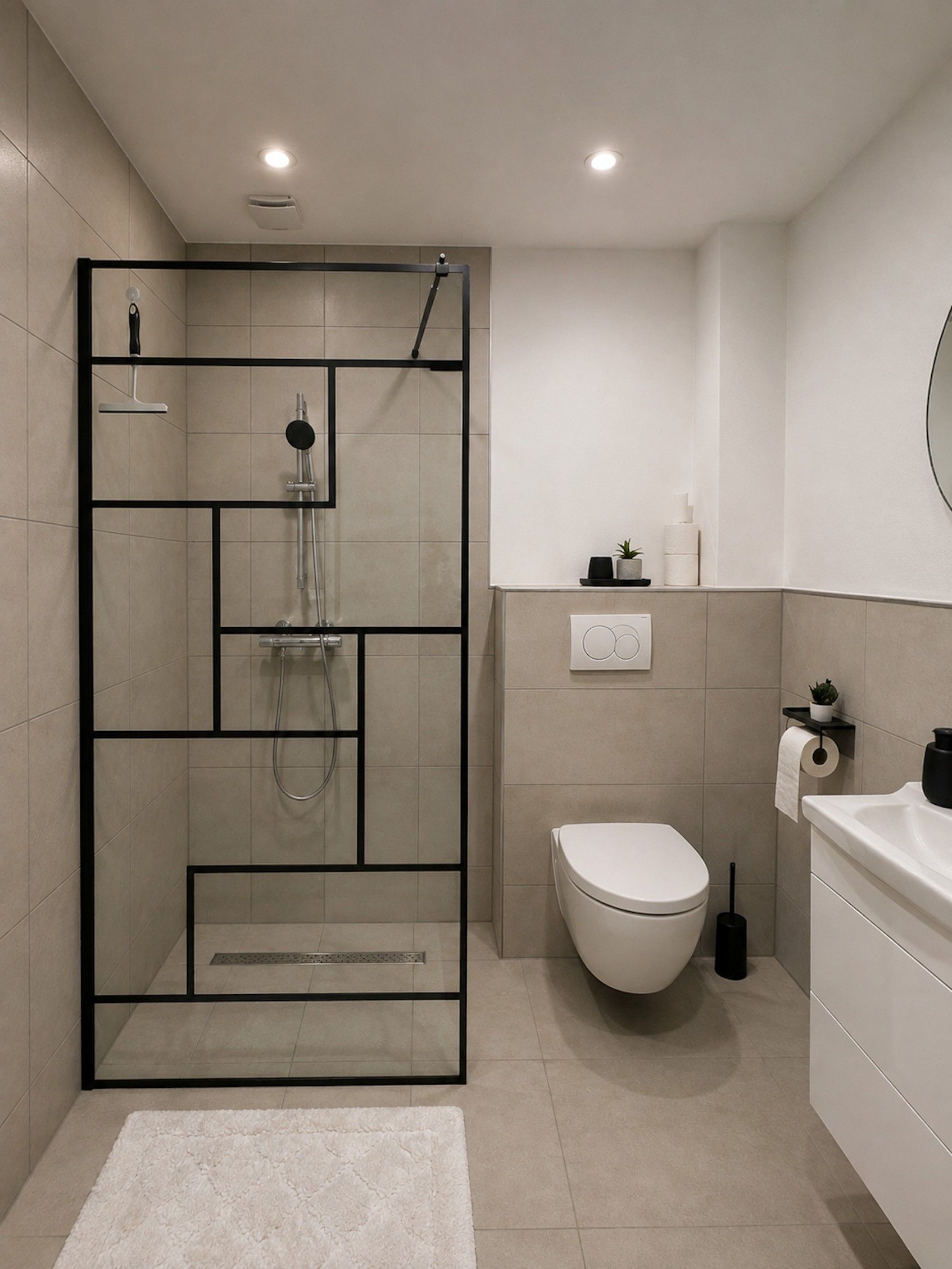 Ein modernes Badezimmer mit einer Duschkabine, einer Toilette und einem Waschbecken.