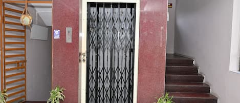 Una entrada de edificio con una reja de metal, una escalera y dos plantas en macetas.