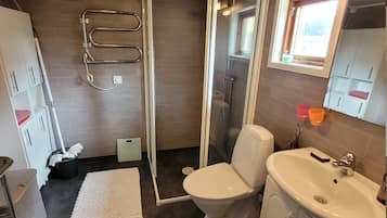 Une salle de bain équipée d’une douche, de toilettes, d’un lavabo et d’un miroir.