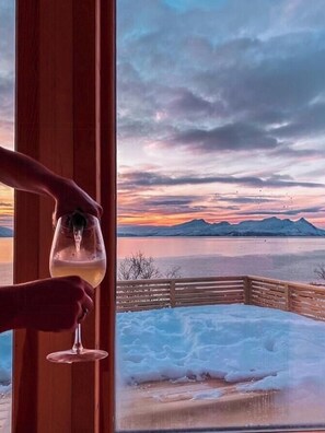 A person holding a wine glass by a window overlooking a snowy landscape with mountains in the distance.