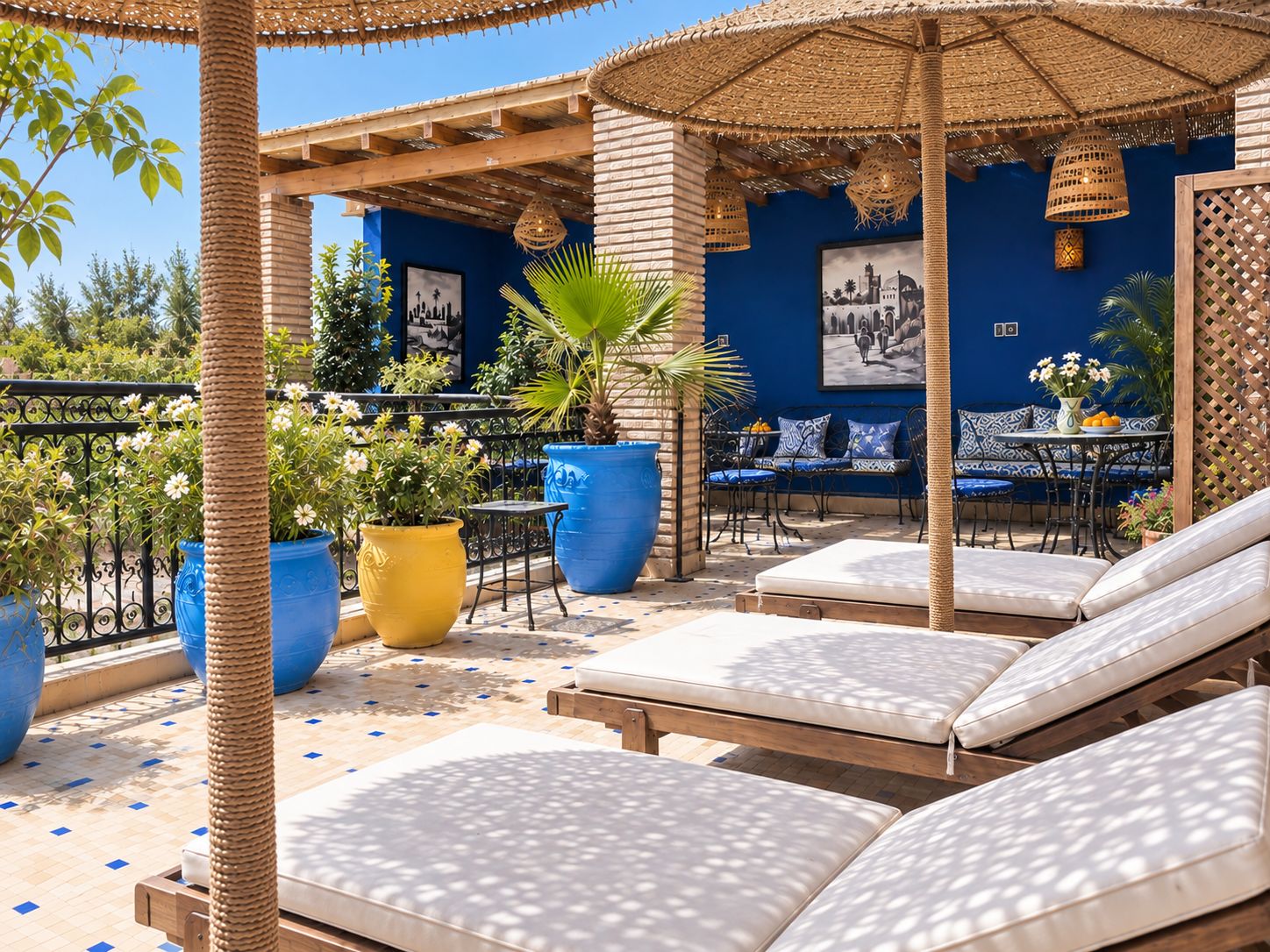 Een terras op het dak met lounge stoelen, een tafel met een bloevas en grote potplanten.