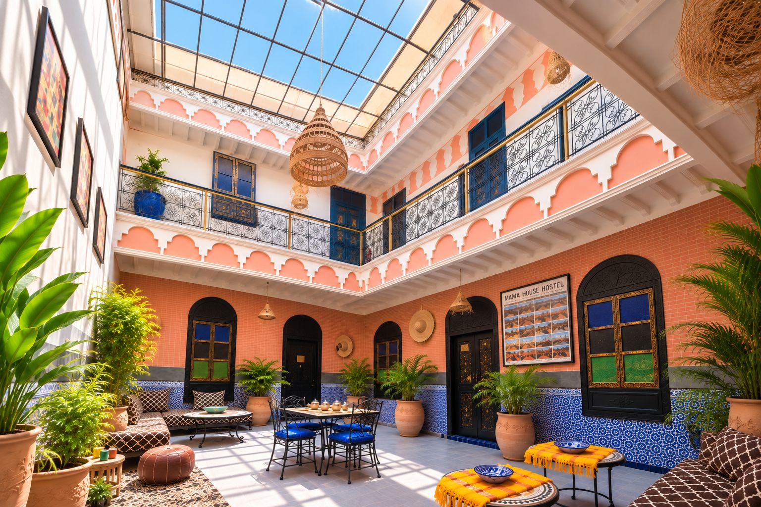 Une auberge dotée d’une cour, de plusieurs balcons et d’éléments de décoration de style marocain traditionnel.