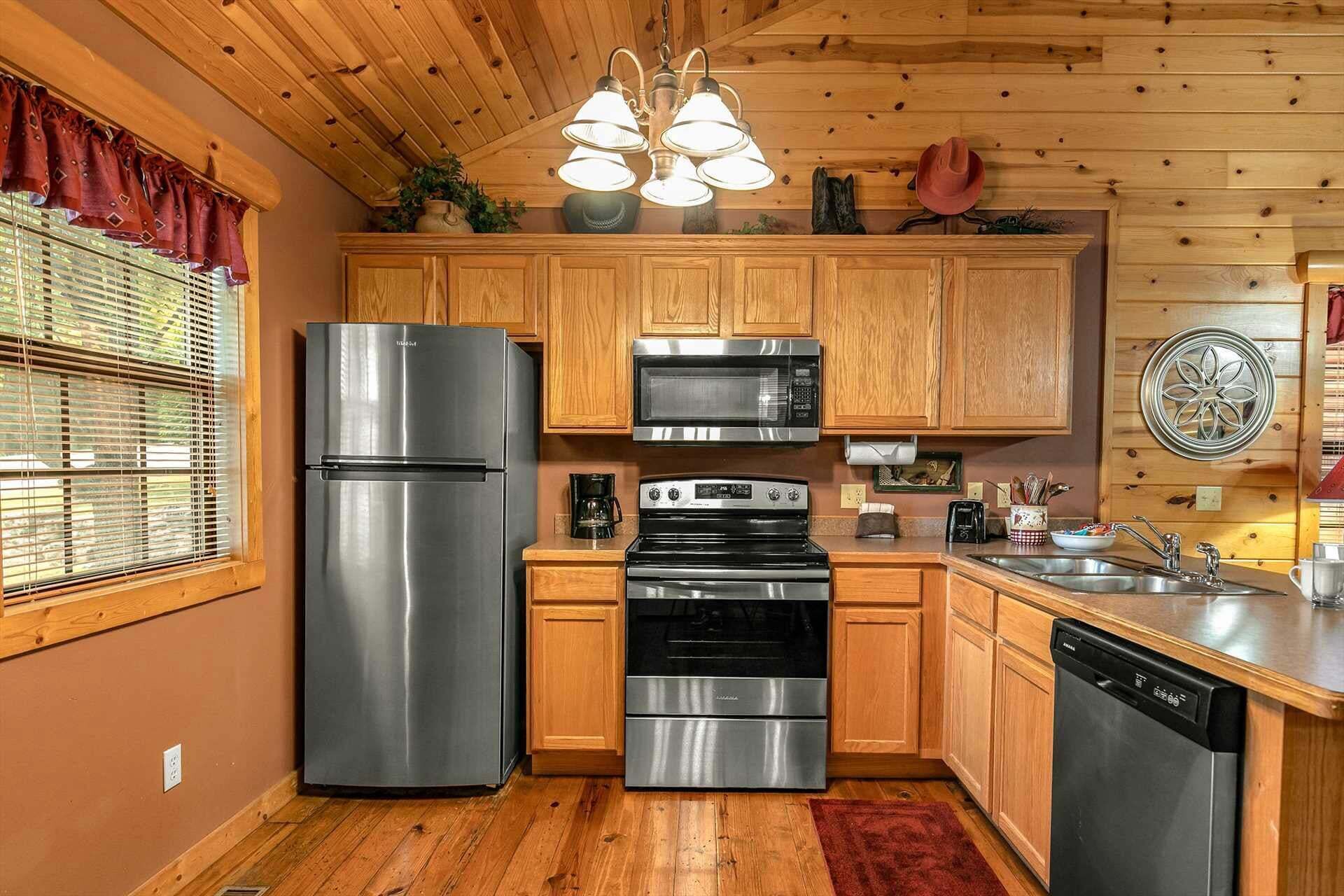 Coffee/tea maker, fridge, microwave, oven