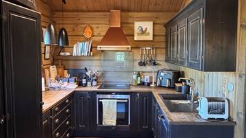 A kitchen with wooden cabinets, a built-in oven, a sink, and a toaster.