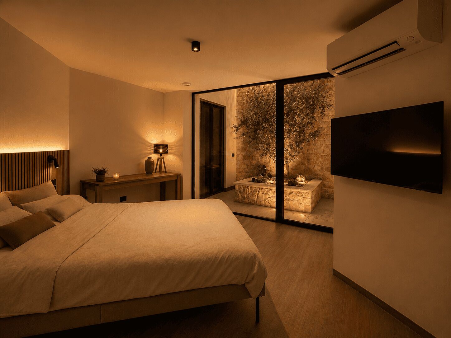 A bedroom with a bed, bedside table, lamp, and a TV mounted on the wall.