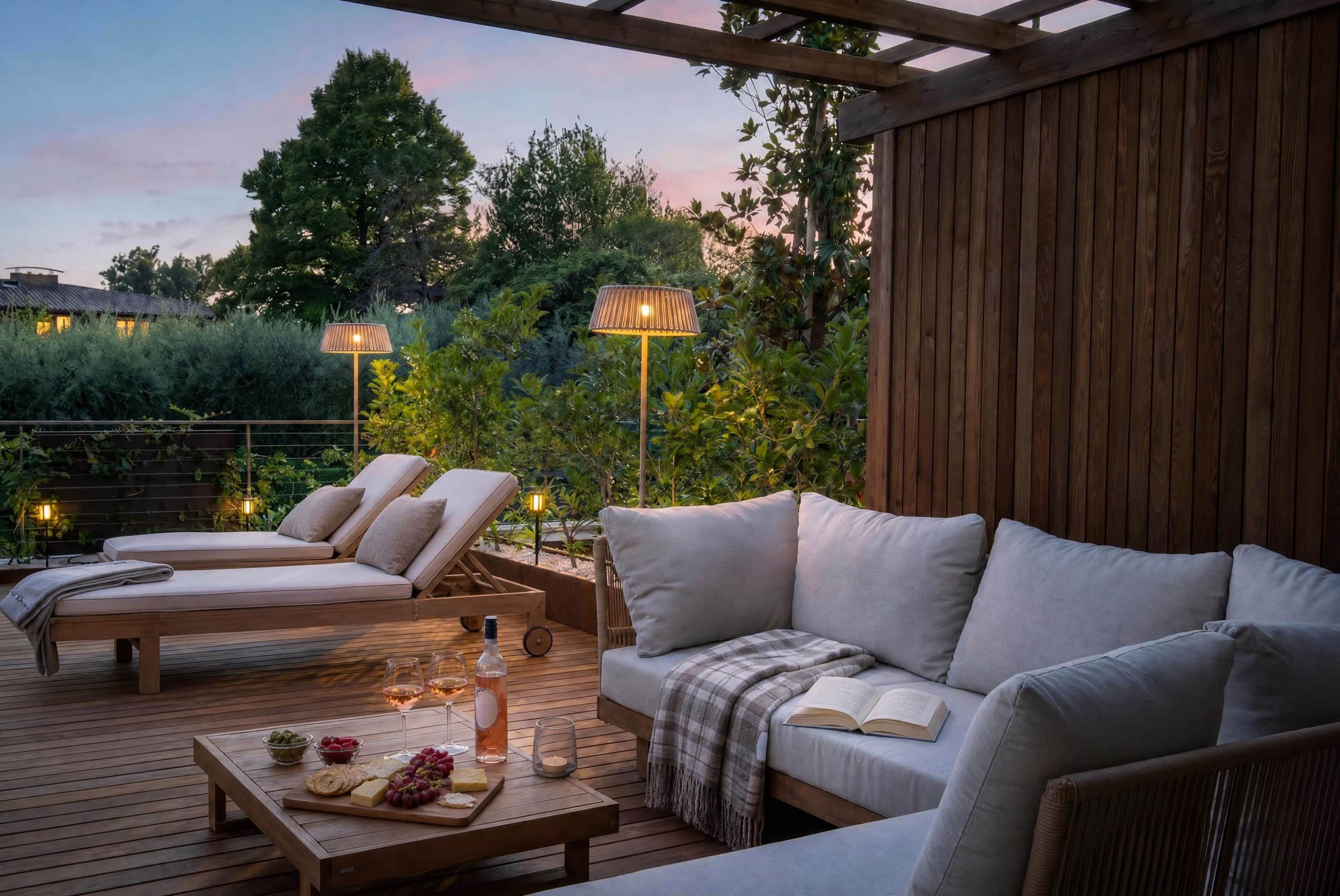 An outdoor seating area with a wooden deck, cushioned lounge chairs, a sofa, and ambient lighting.