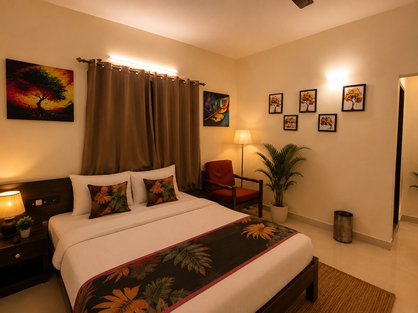 Una habitación de hotel con una cama, una mesita de noche, una silla, una lámpara, una planta en maceta y obras de arte en las paredes.