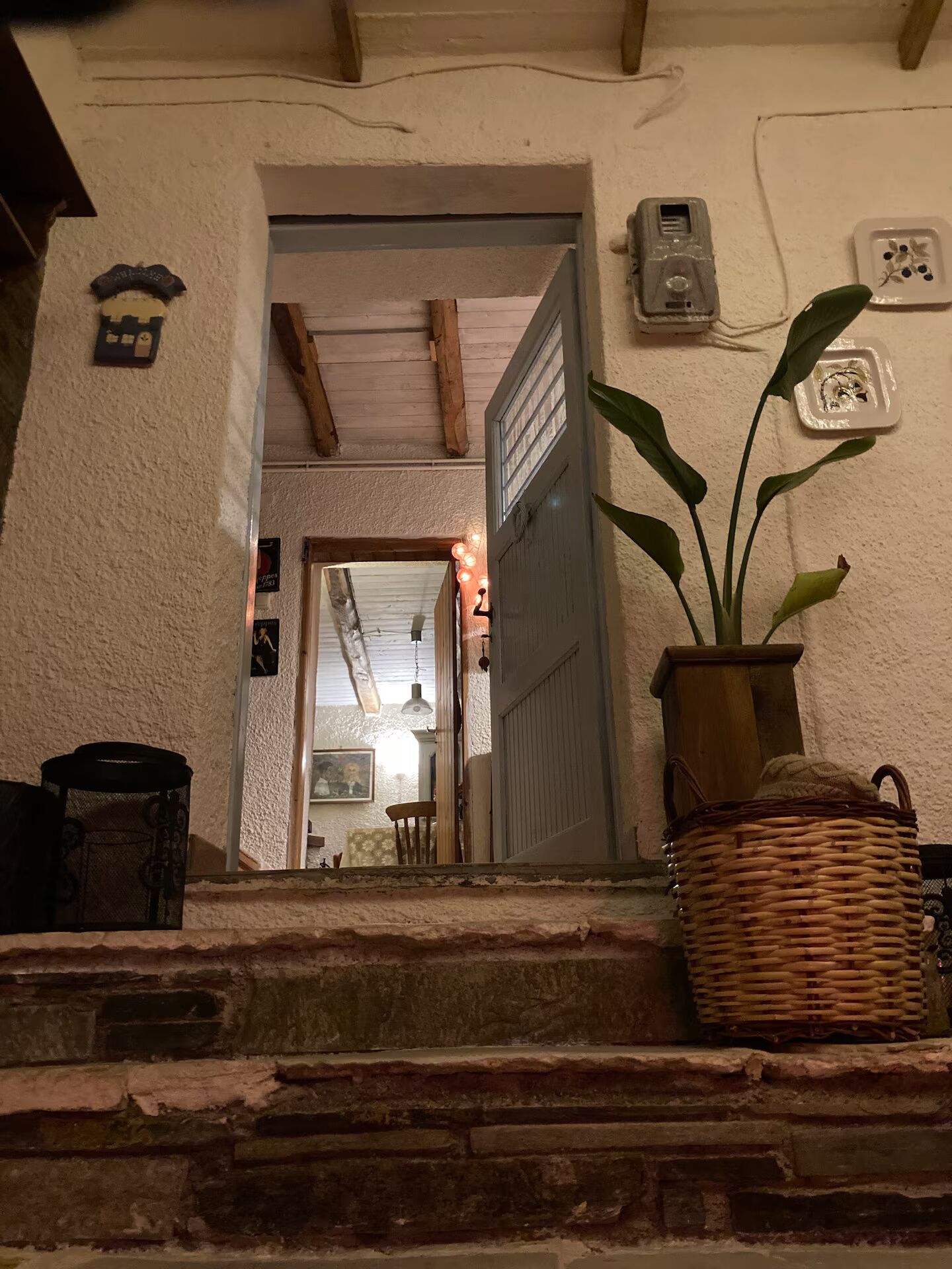 A staircase leading to a room with a door, a potted plant, and a wall-mounted electrical outlet.