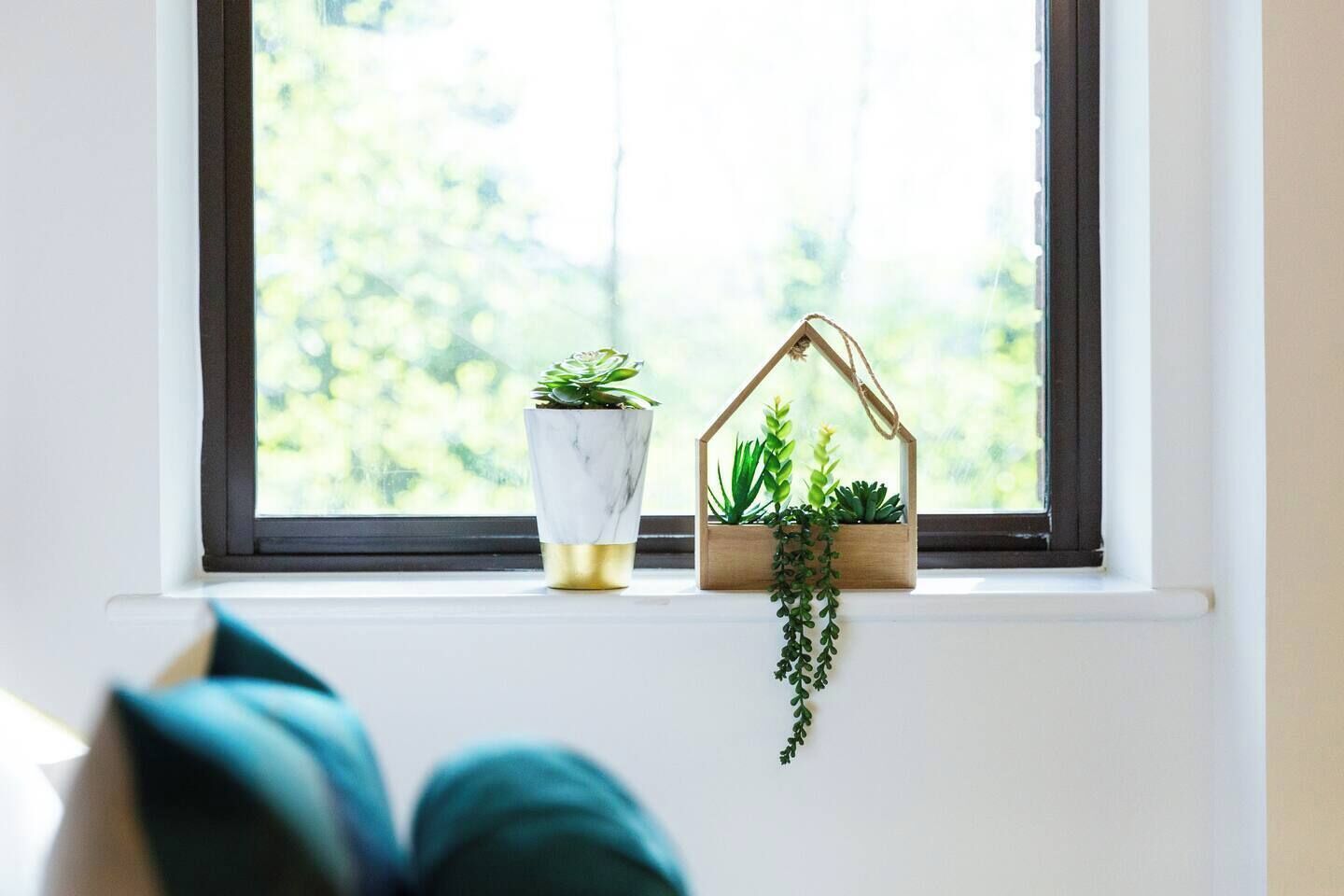 A window sill with two potted plants, one in a marble pot and another in a wooden house-shaped pot.