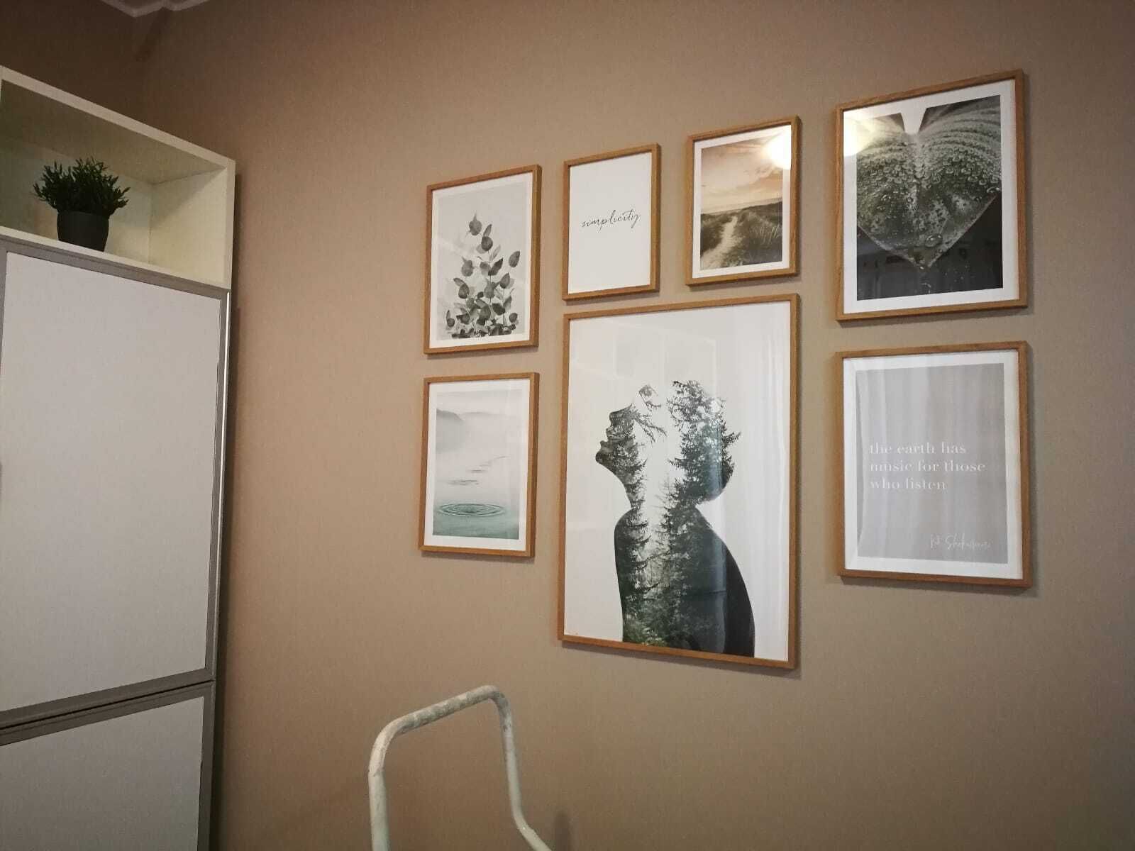 A wall with seven framed artworks, a potted plant, and a white chair.
