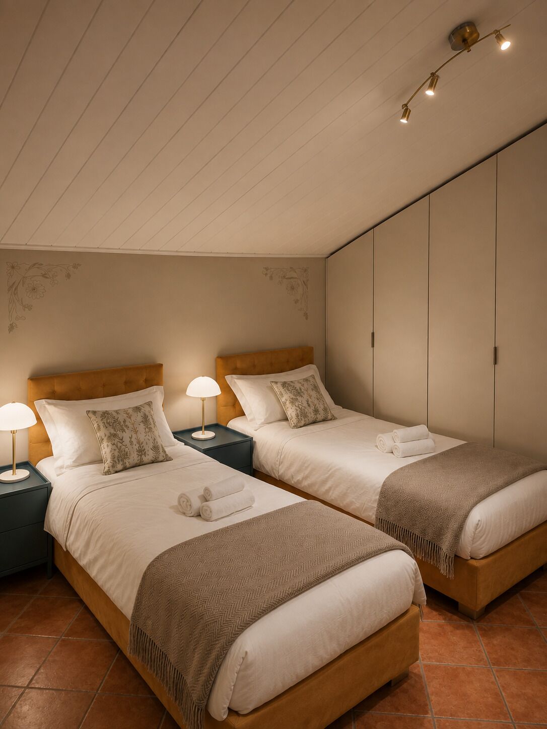 Et hotelværelse med to senge, to sengeborde, en loftlampe og et garderobeskab.