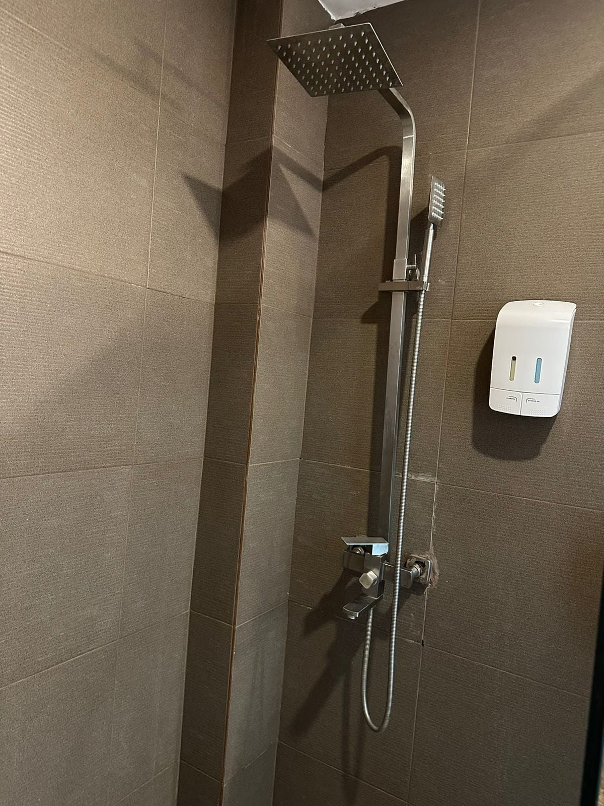 Ducha con cabezal de ducha manual y fijo, cabezal de ducha manual y dispensador de jabón montado en la pared.