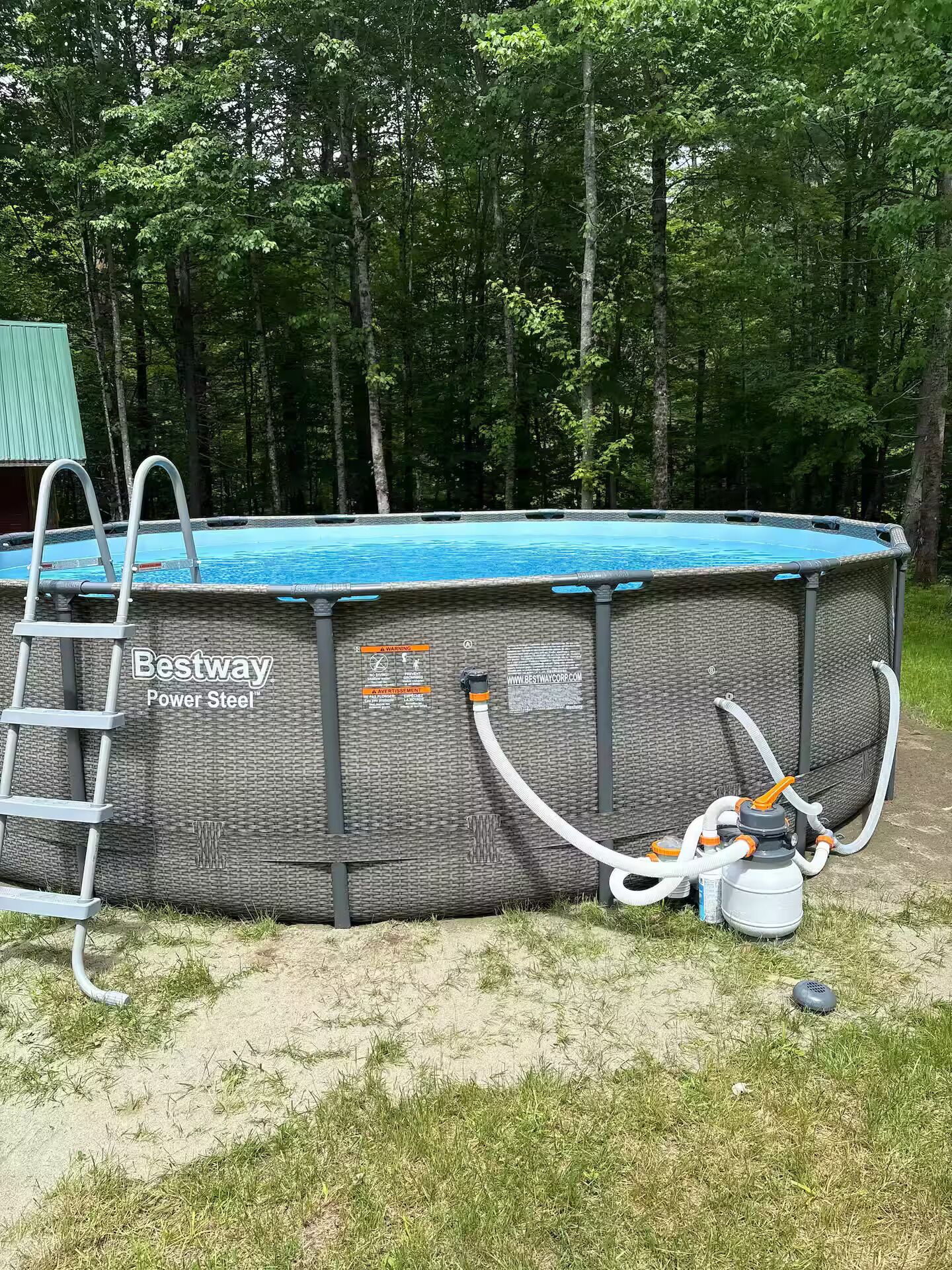 An above-ground swimming pool with a ladder, surrounded by grass and trees.