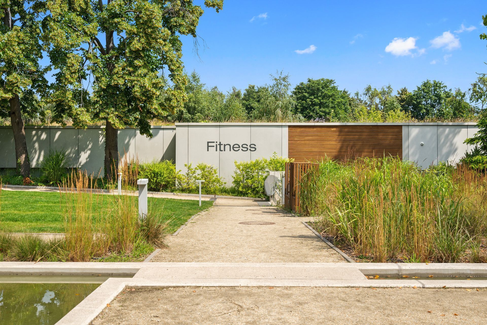 A pathway leading to a building labeled 'Fitness' with a concrete floor, surrounded by greenery and trees.