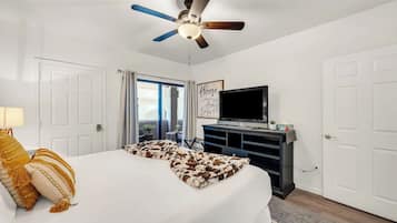 A hotel room with a bed, a ceiling fan, a television, and a sliding glass door to the outside.