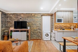 Ein kompakter Wohnraum mit Steinwand, Flachbildfernseher, Waschmaschine und einer Küchenzeile.