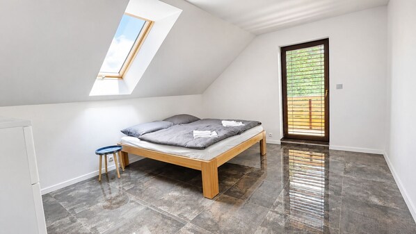 A small, modern bedroom with a sloped ceiling, a skylight, a bed, and a door with a view of greenery outside.