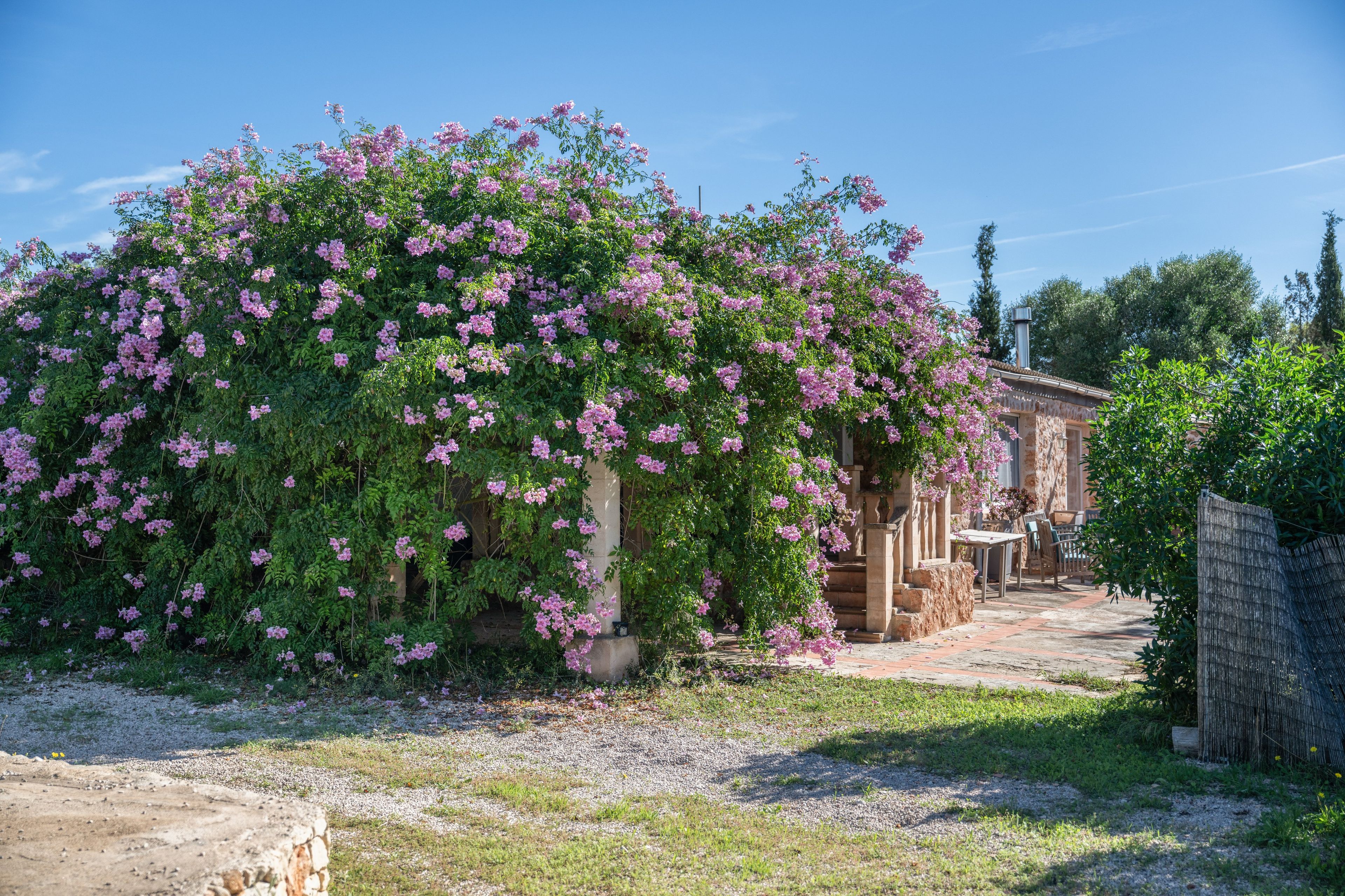 Un edificio con fachada de piedra, un sendero de grava y un jardín con arbustos florecientes.