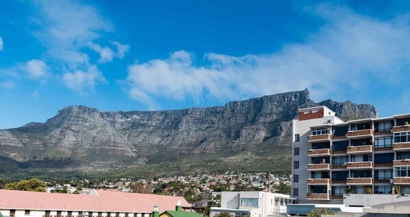 Una zona residencial con una montaña destacada al fondo.