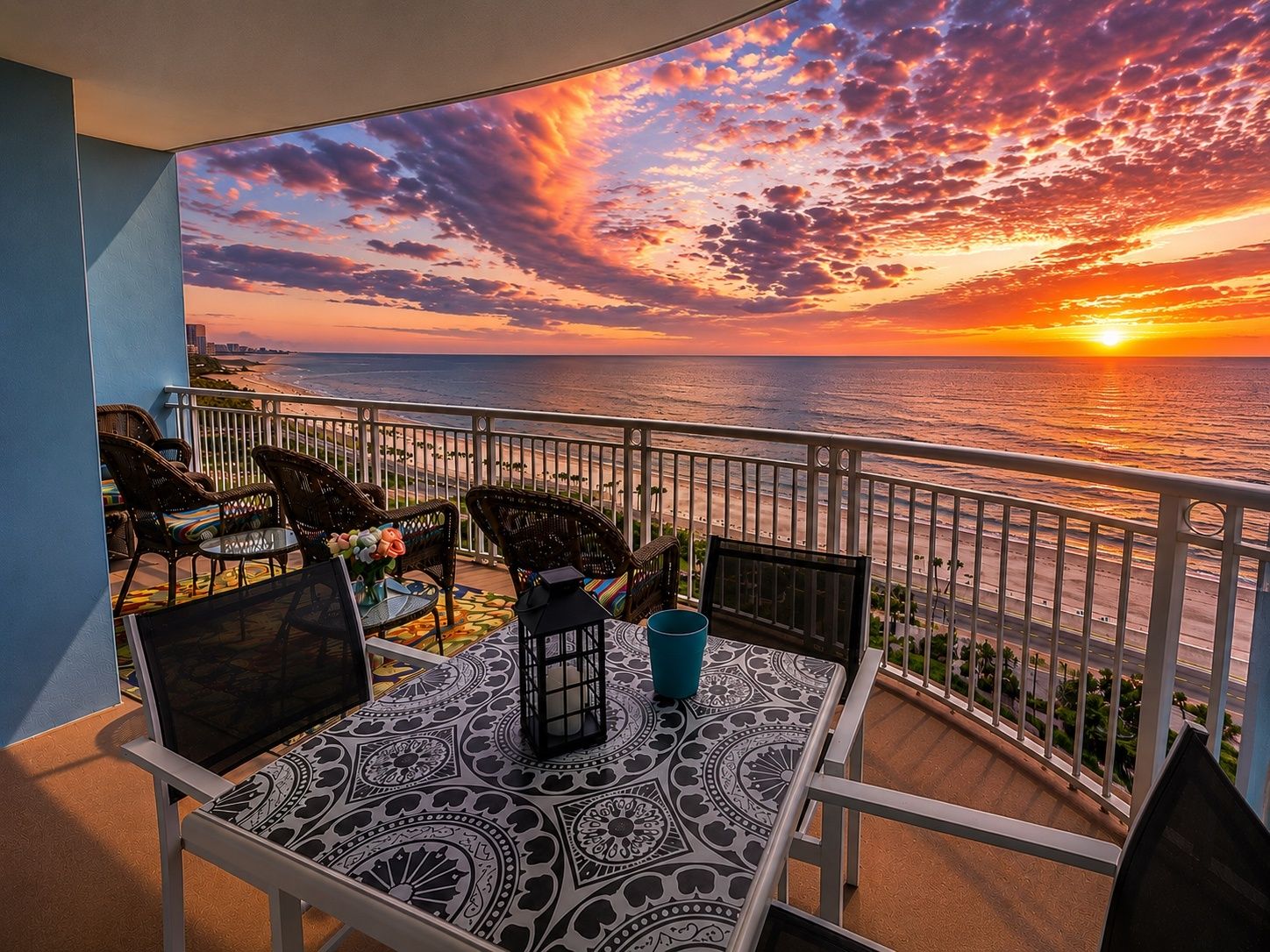 A balcony with a view of the sunset over the ocean, furnished with wicker chairs and a table.