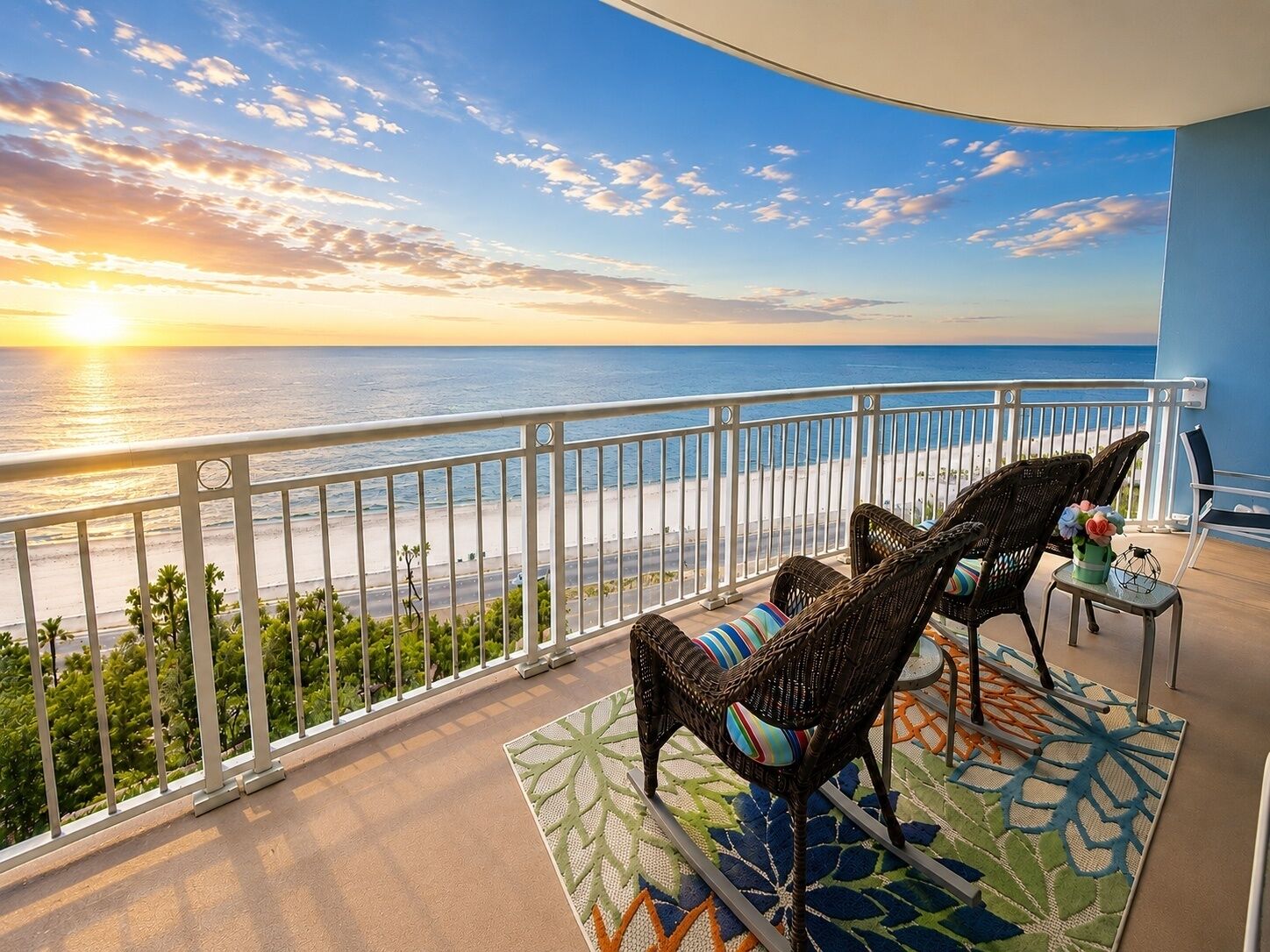 Un balcon agrémenté de meubles en osier, d’un tapis à motifs et offrant une vue sur la plage et l’océan au coucher du soleil.