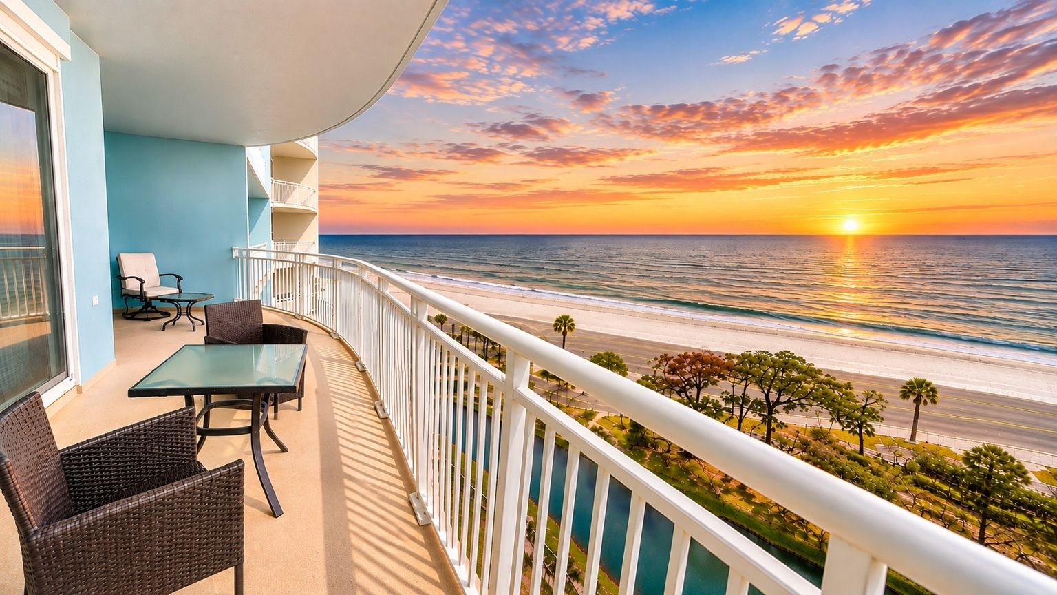 A balcony with a glass table and chairs, overlooking a beach with a sunset.