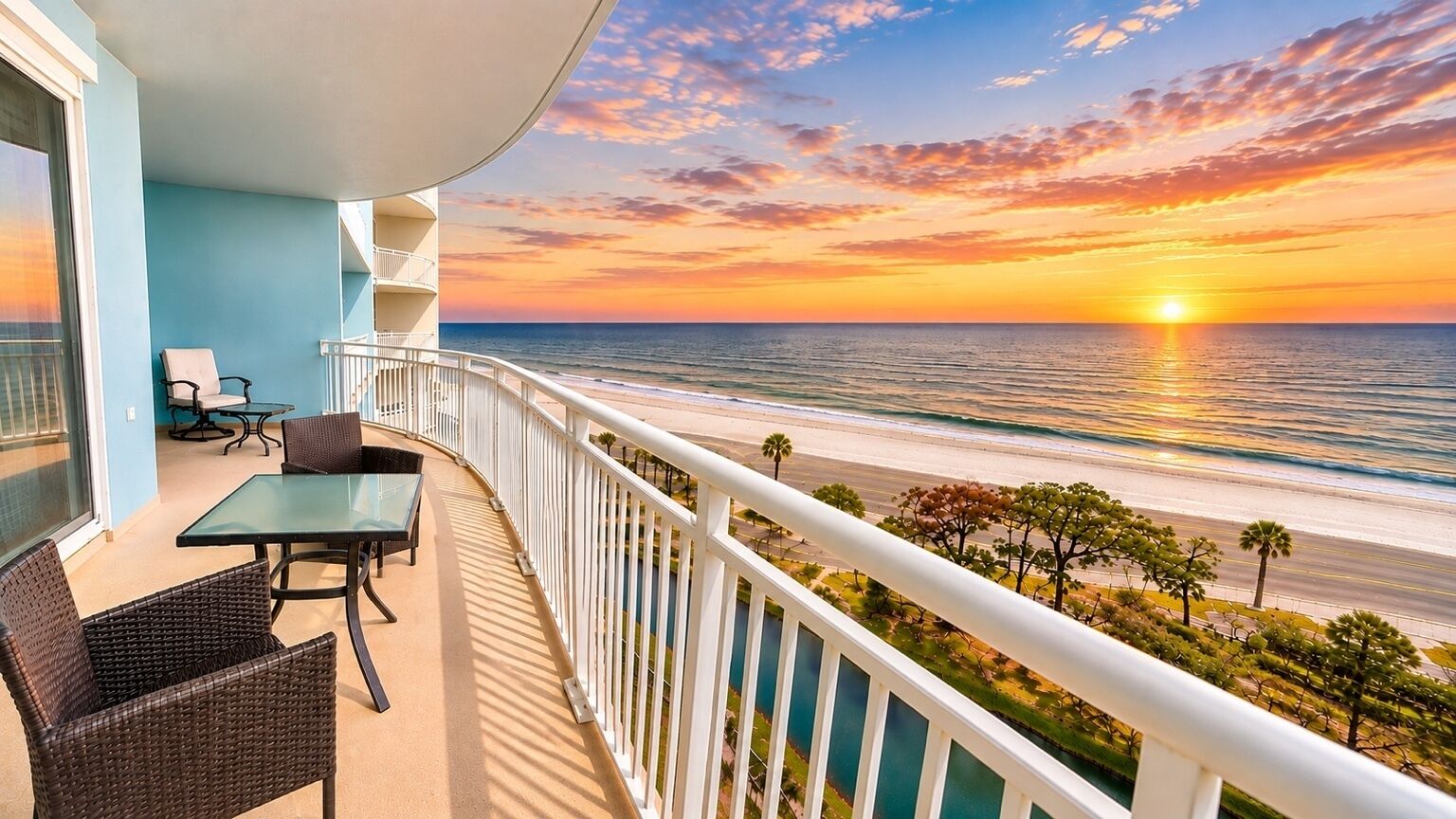 Un balcon avec une table et des chaises en verre, donnant sur une plage où l’on peut admirer le coucher de soleil.