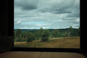 A room with a large window overlooking a forested landscape.