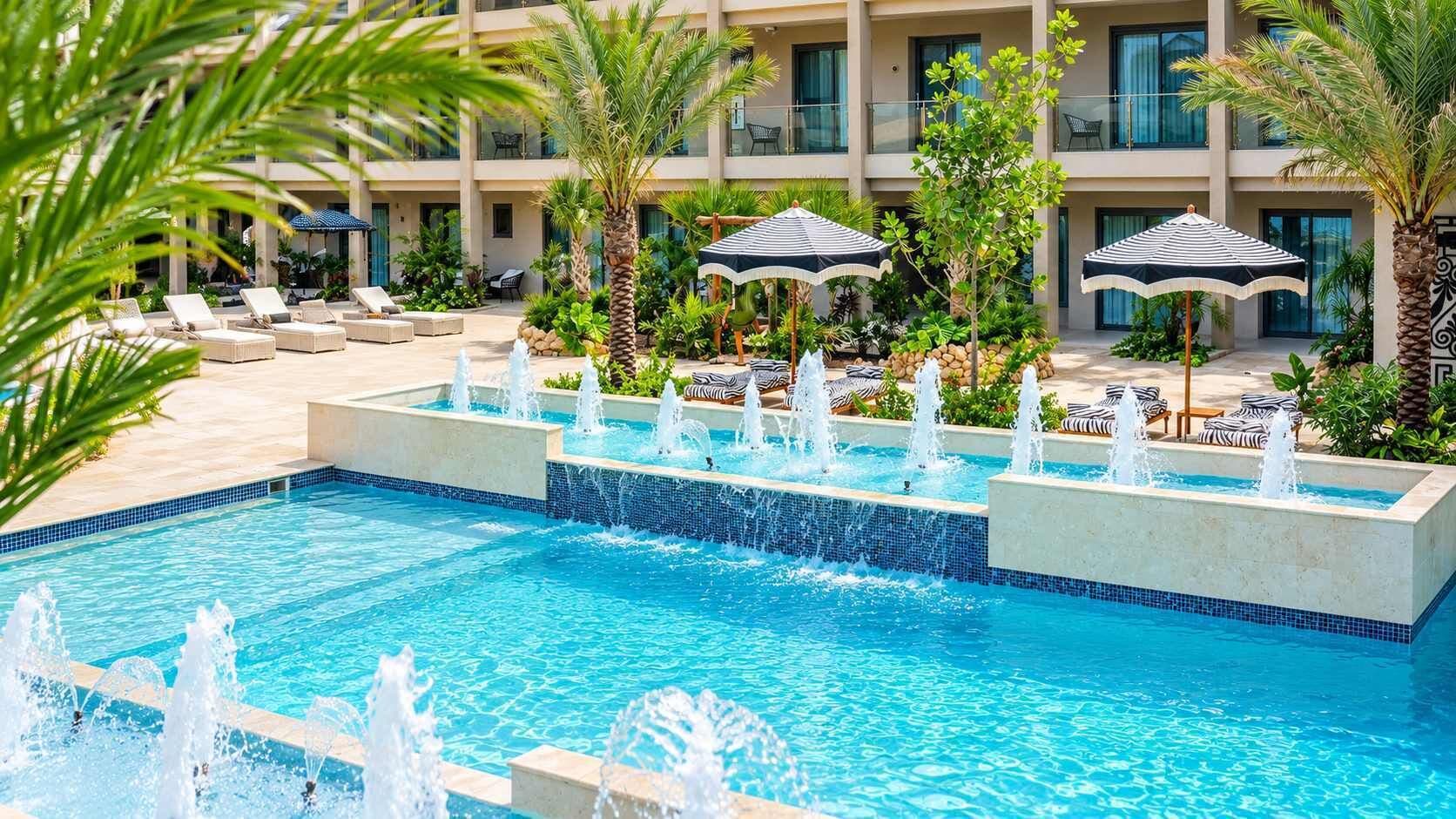 A hotel pool with multiple lounge chairs and umbrellas, surrounded by palm trees and a fountain.