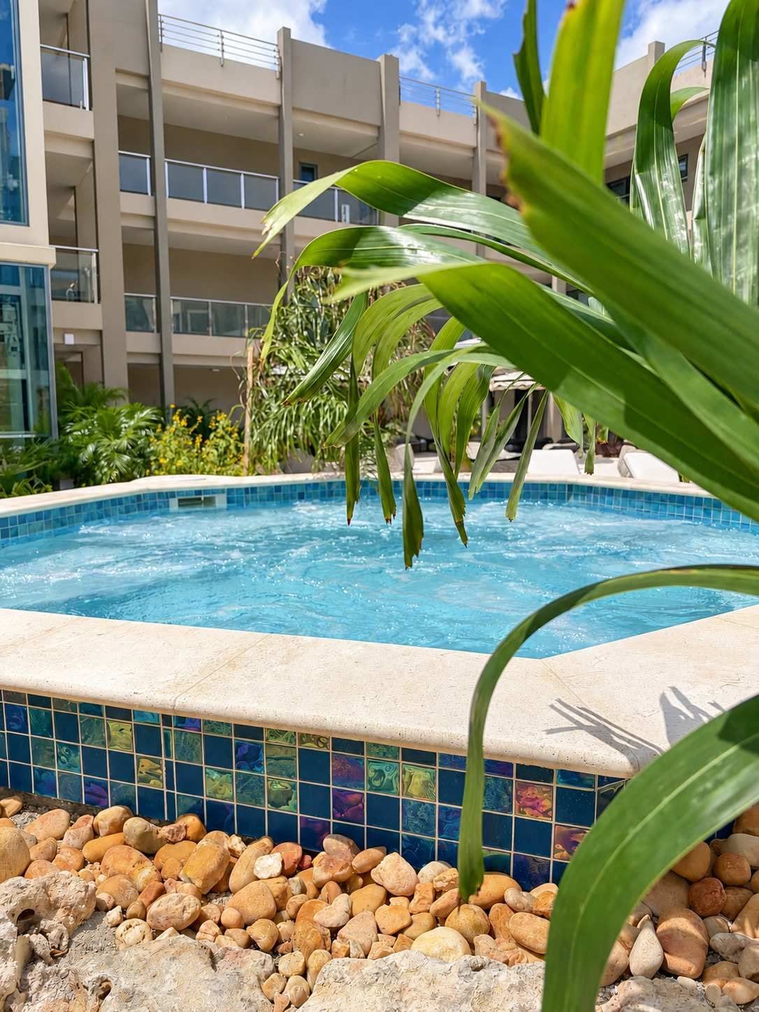 Una piscina con borde de azulejos, rodeada de rocas y plantas, con un edificio de varios pisos al fondo.
