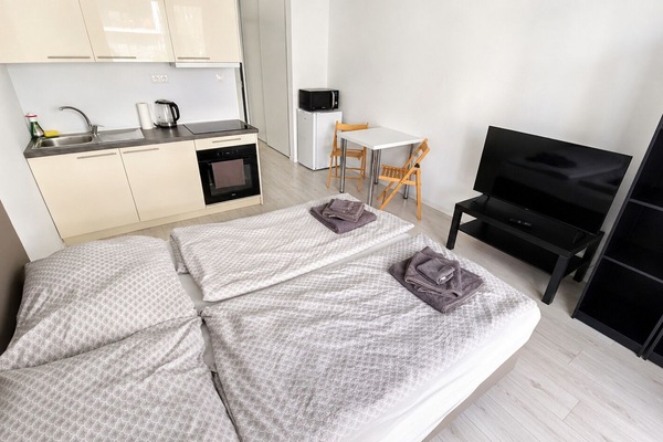Bright studio with kitchenette, twin beds, TV, and dining nook