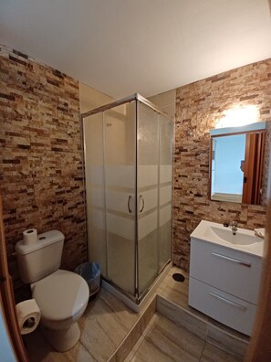 Een badkamer met een douche met glazen wand, toilet, wastafel en spiegel.